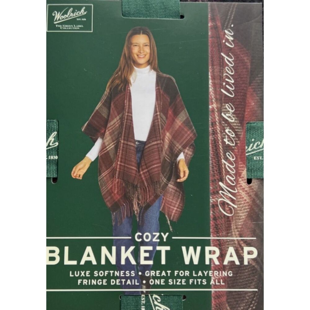NWT Woolrich Cozy Blanket Wrap Plaid Burgundy Fringe Soft Layering Sz OS